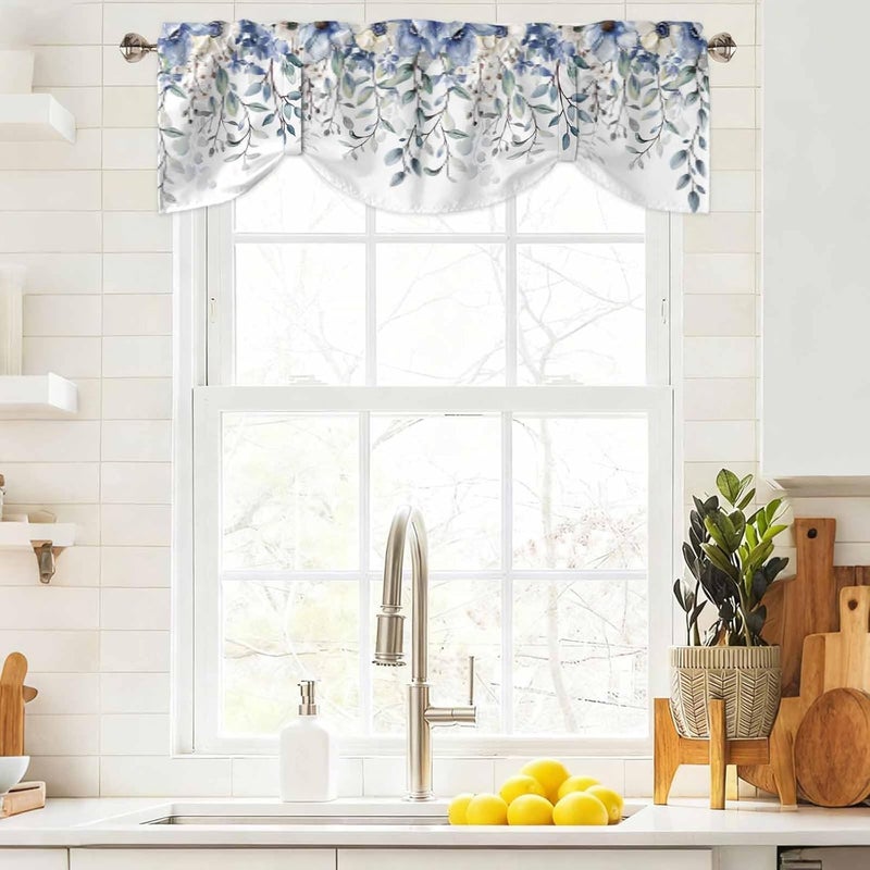 RisQiten Blue Spring Floral Tie Up Valance Curtains for Windows, Summer Botanical Kitchen Curtains Window Treatments, Weeping Flower Short Window Shades Valances for Bedroom Bathroom Cafe 54"x18" - Image 4